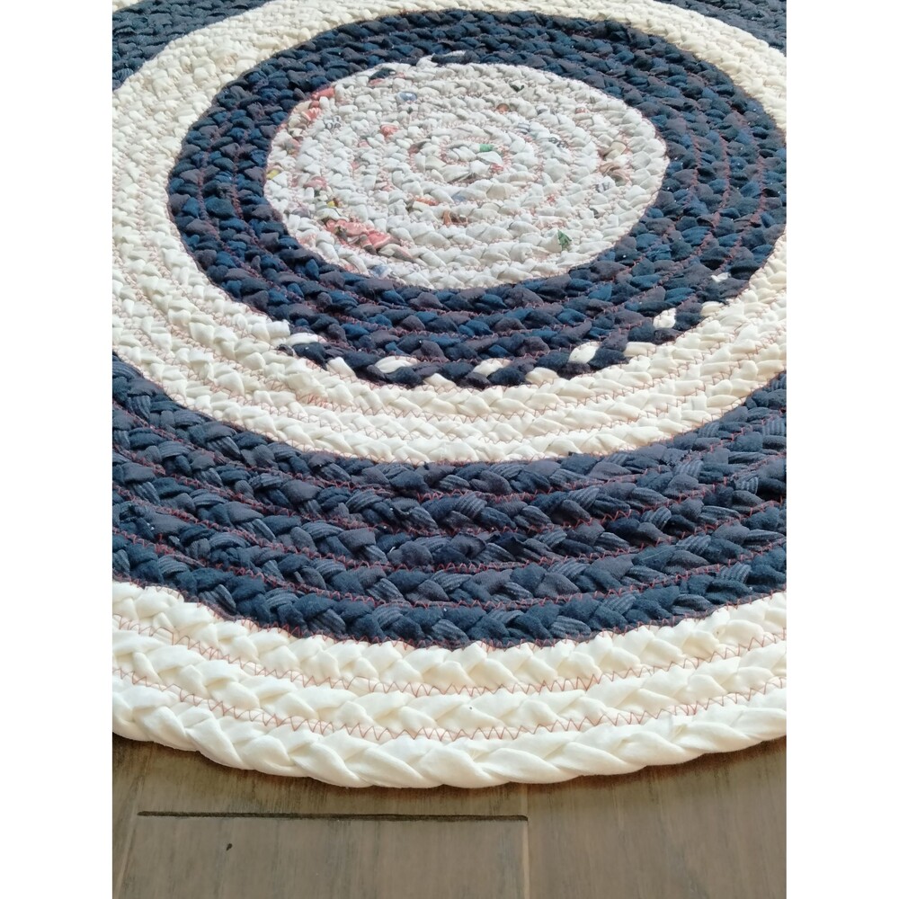 Bullseye Braided Rag Rug Round 36-inch Navy White Gray - Picture 2 of 6
